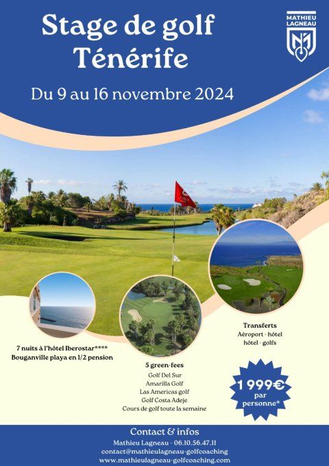 Stage de golf à Ténérife du 9 au 16 novembre 2024 